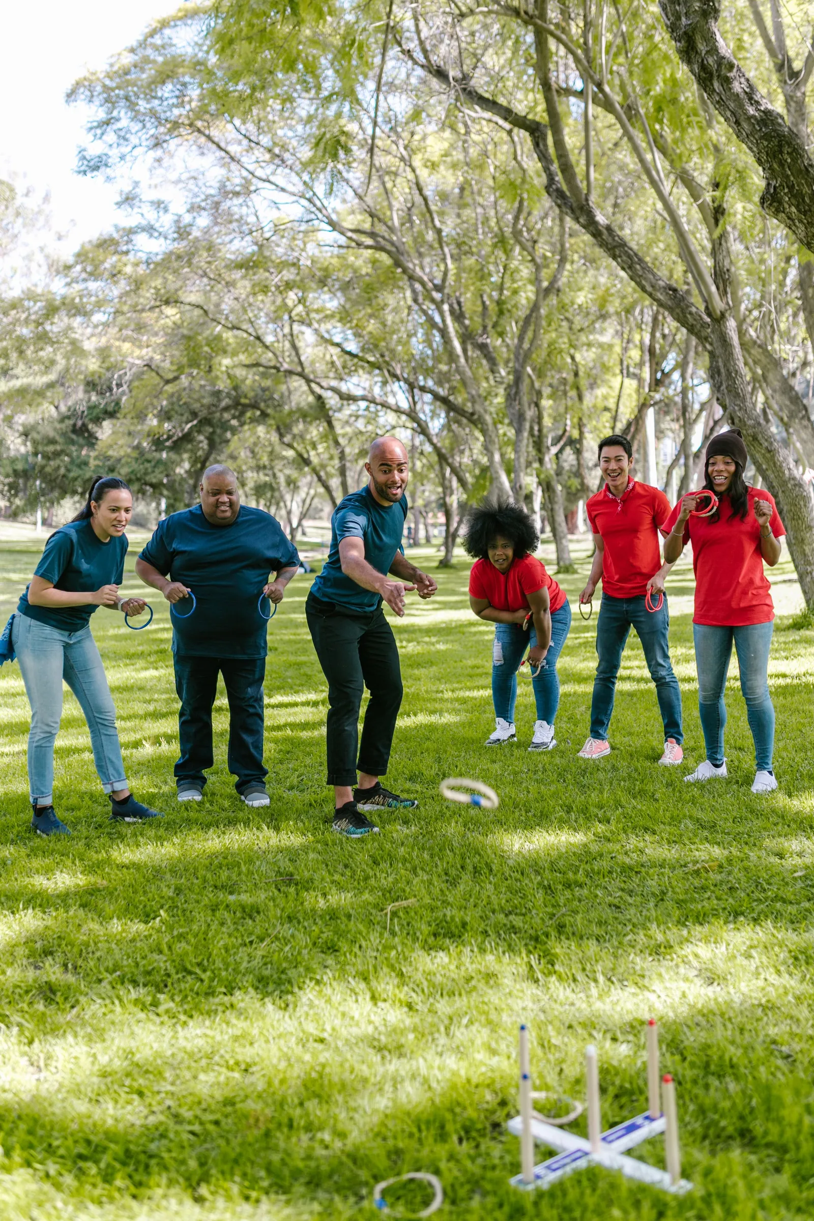 Grupo de amigos a divertir-se num jogo de equipa ao ar livre